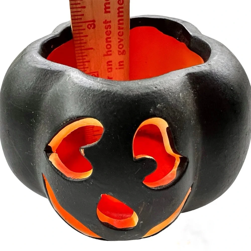 Ceramic Halloween Pumpkin Candle Holder  Black And Orange Scary Face Table Top